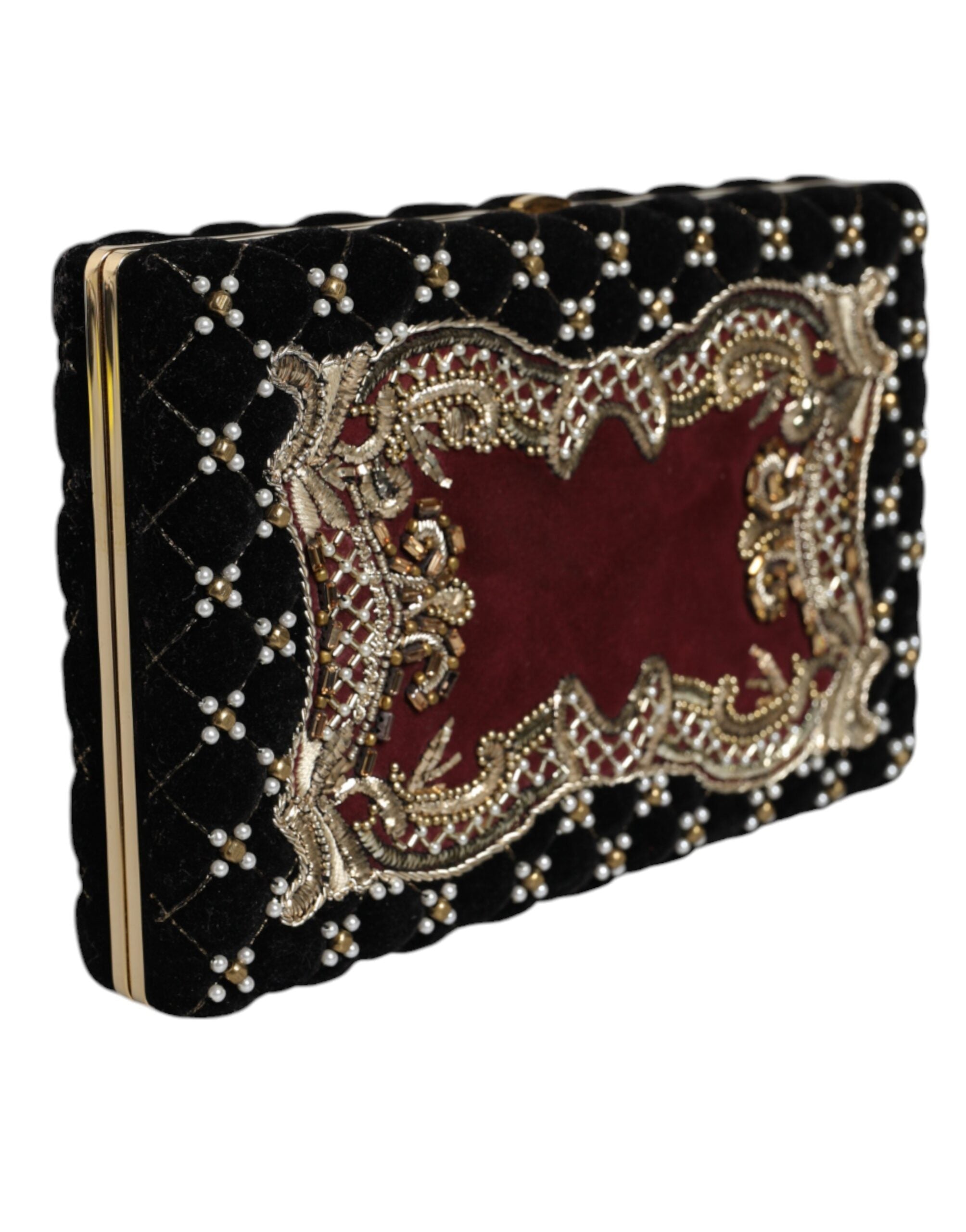 Dolce & Gabbana Bordeaux Siyah Kadife Altın Çerçeveli Clutch Akşam Çantası